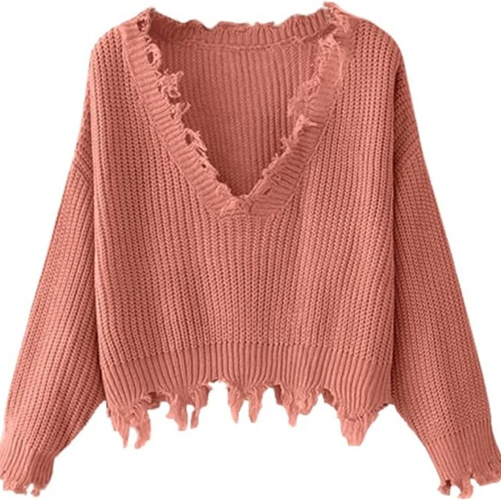 Women's Loose Long Sleeve V-Neck Ripped Pullover Knit Sweater
